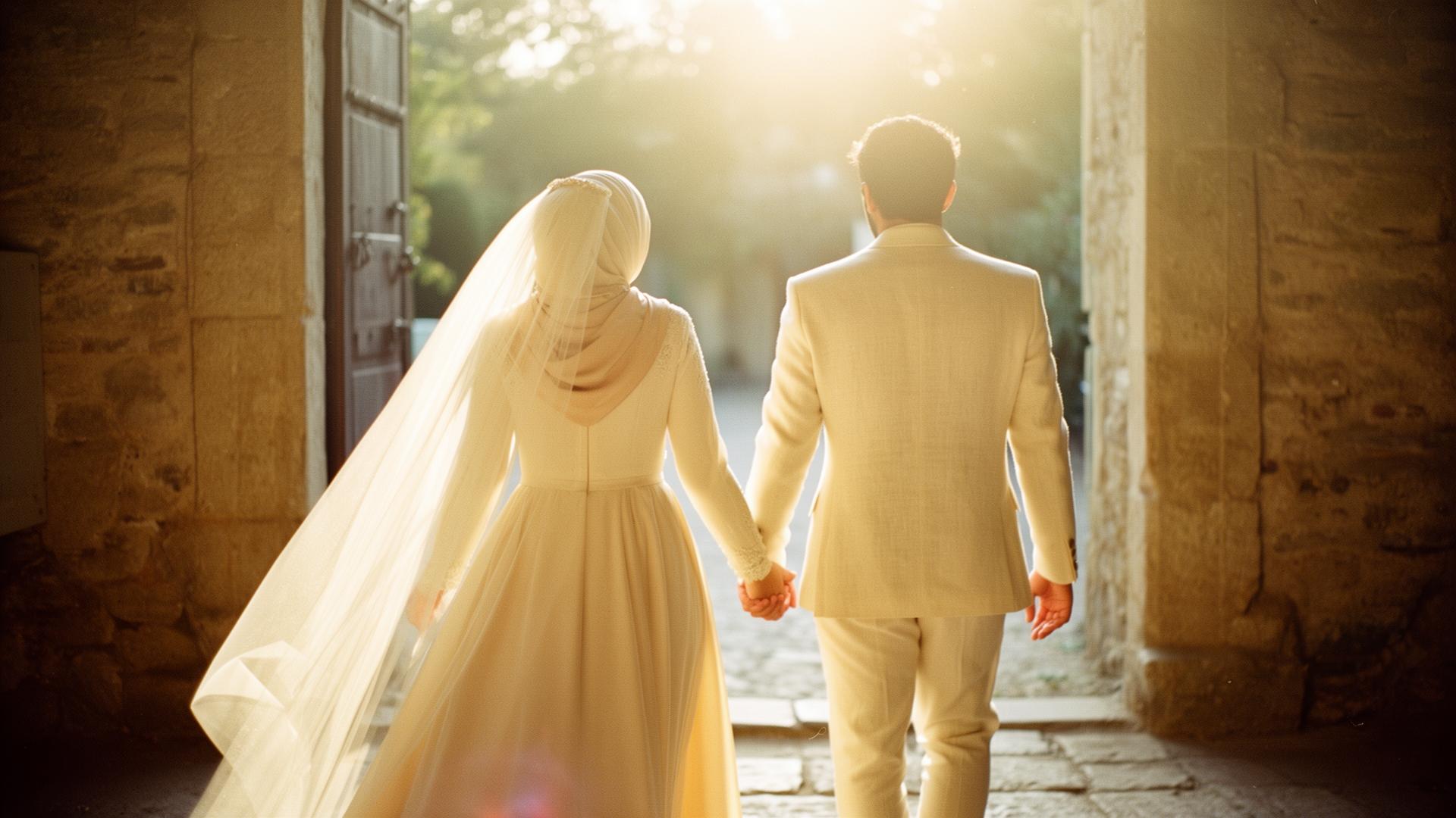 A Muslim bride and groom walking hand in hand into golden light on their wedding day